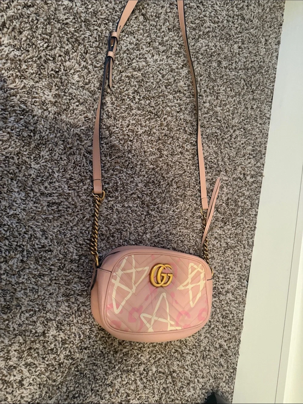 Gucci Pink Quilted GG Marmont Crossbody Bag with Cream Accents
